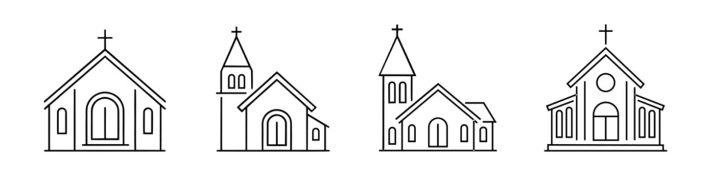 Collection of church building line icons featuring various architectural styles and cross symbols.