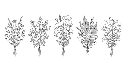 Fototapeta premium Flowers Botanical Line Art Set with Delicate Stems, Buds, Leaves, and Roses, Doodle Style for Wedding and Vintage Design