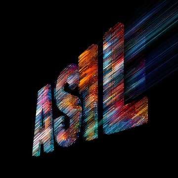 Typography design featuring the word ASIL rendered with vibrant colorful light motion streaks.