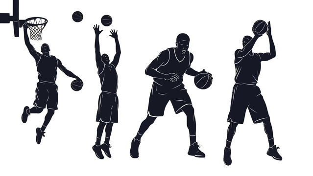 Silhouette illustration of basketball players in various action poses, including dunking, shooting, dribbling, and preparing to shoot.