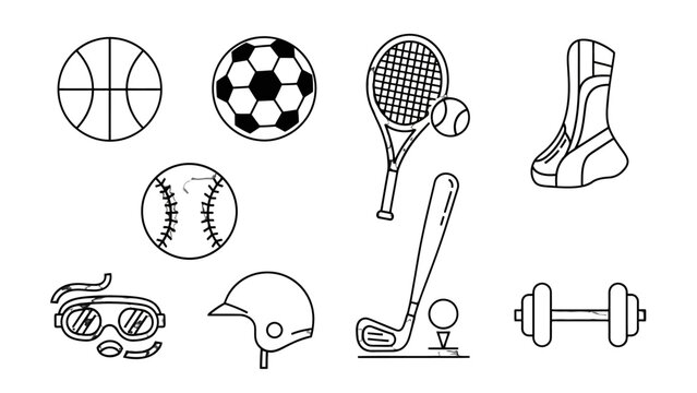 A collection of various sports equipment and accessories, including balls, racquets, a helmet, goggles, a golf club, and weights.