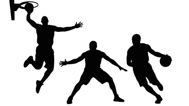 Silhouettes of people jumping and playing sports with balls in an active team scene