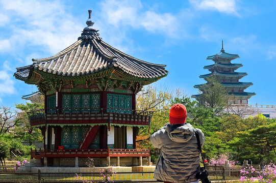 Tourist in Gyeongbokgung Palace. Seoul, South Korea.