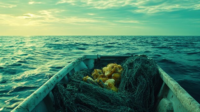 Fishing boat on sea with nets and catch travel ocean adventure seascape