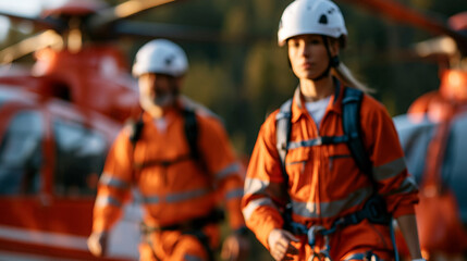 Obraz premium Two faceless paramedics with safety harness and climbing equipment running to helicopter emergency medical service, urgent response, rescue operation, help and hope concept,