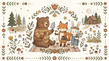 Naklejka premium cute folk-style illustration with bears, rabbits and foxes, soft earthy palette, simple floral ornaments, hand-drawn texture, cozy Scandinavian kids aesthetic, clean background