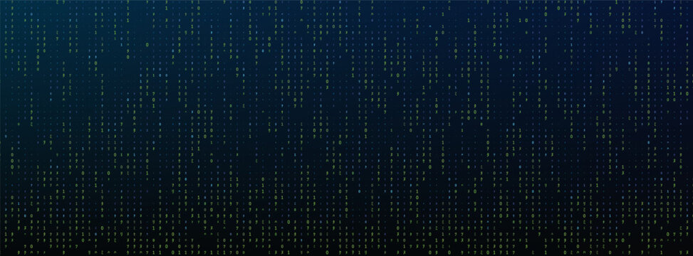 Binary Rain, Matrix Code Rain, Matrix Data Rain. Futuristic Digital Background With Glowing Binary Code And Matrix Rain Effect.