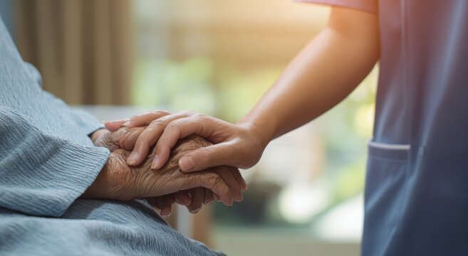 A healthcare worker holding the hand of a senior citizen in a comforting gesture of care and support