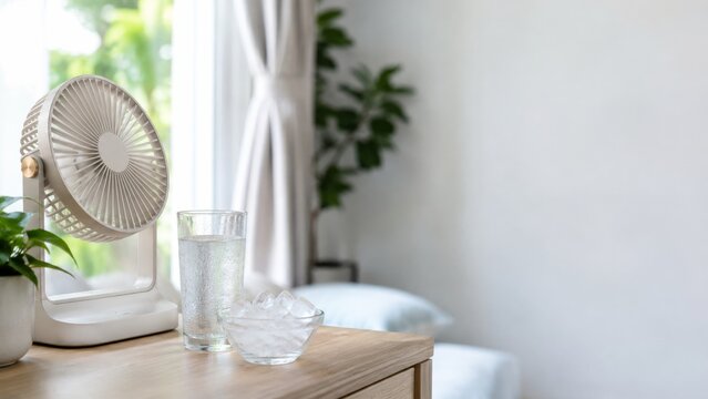 Portable fan with ice water in bright room for summer heat relief and cooling