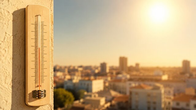 Thermometer on sunlit wall overlooking city during extreme summer heatwave