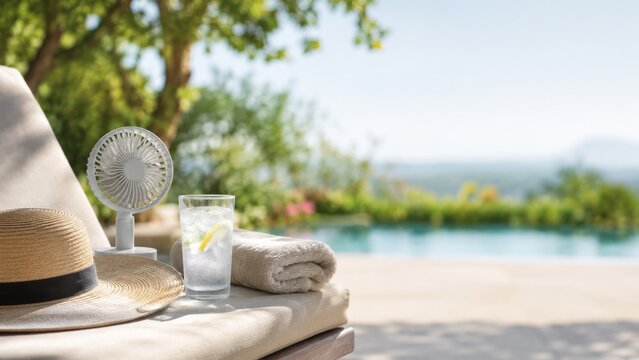 Poolside summer relaxation with straw hat, fan, cold drink and towel at resort