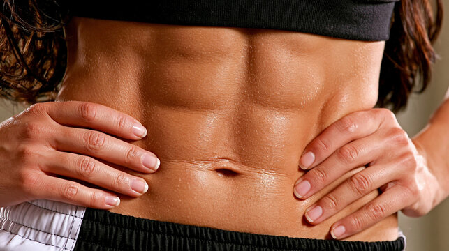 Close-up of a muscular woman with sweat on her defined six pack abs training exercise