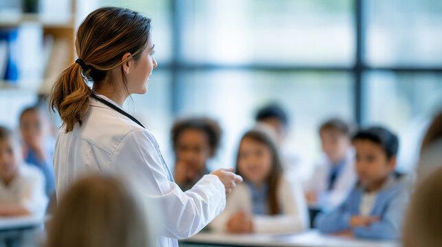 Faceless female doctor educating primary students about health and hygiene fundamentals, healthcare awareness, wellness teaching, basic medical education, preventive care,