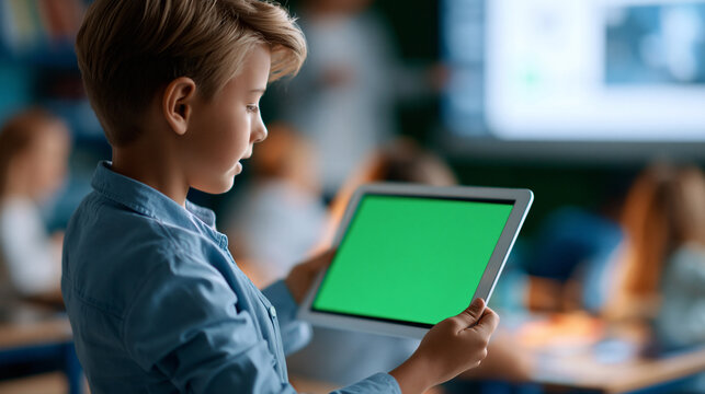 Defocused student with tablet and green screen display presenting to class, chroma key educational technology, digital learning tools, interactive presentation, mockup template,