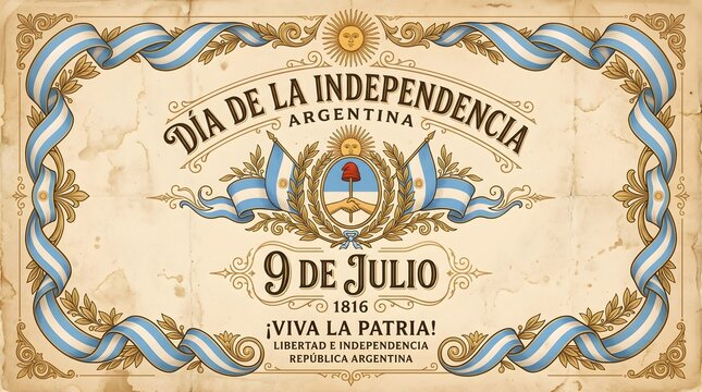 Argentina Vintage Independence Day on July 9th Poster with Ornate Frame and Patriotic Emblem on Parchment Background