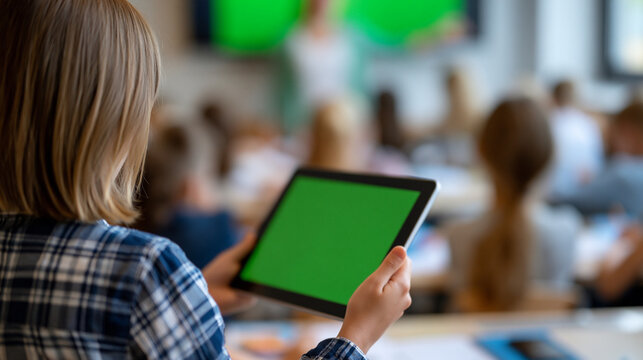 Defocused student with tablet and green screen display presenting to class, chroma key educational technology, digital learning tools, interactive presentation, mockup template,