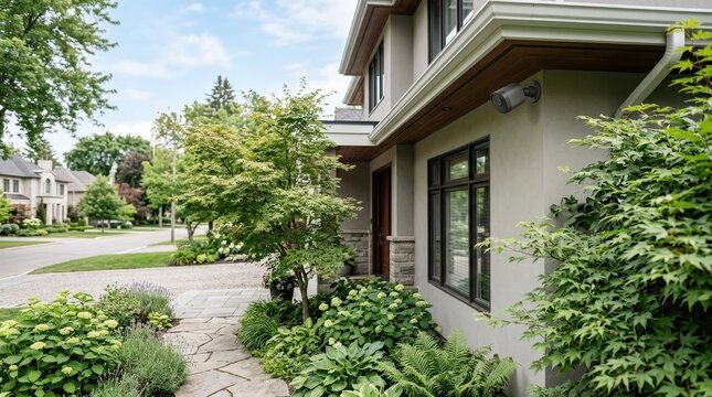 A discreet outdoor surveillance camera mounted in a calm residential setting with soft greenery and clean architectural lines, gentle daylight and a reassuring peaceful atmosphere, ultra-realistic, no