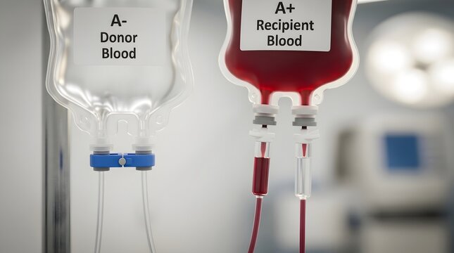 Close‑up view of intravenous bags labeled A‑ donor blood and A+ recipient blood connected by tubing in a clinical setting, representing hospital transfusion procedures, blood banking, cross‑matching a