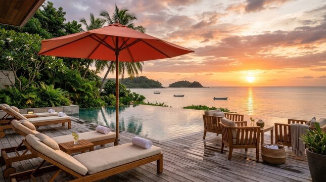 An elegant infinity pool lounge with teak furniture, bright umbrella, tropical greenery and serene ocean view at sunset, ultra-realistic, no logos.