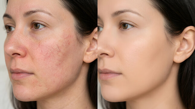 Skin redness before and after treatment | Woman face with rosacea and capillaries | Dermatological skincare results | Clear healthy skin after laser therapy | Facial rejuvenation and tone correction