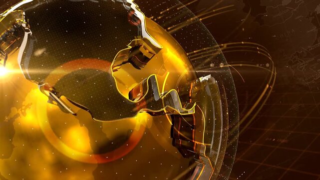 News background seamless loop, News studio golden world globe background, News Template intro for TV broadcast