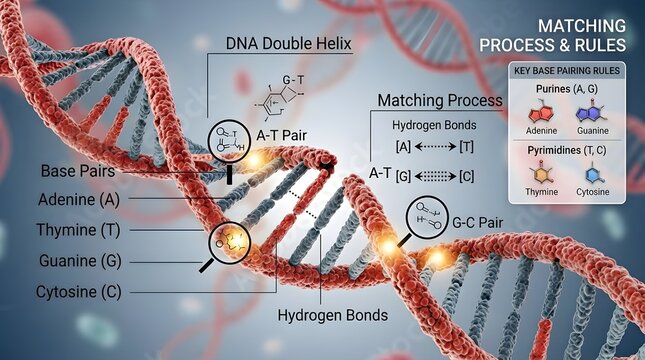Colorful DNA double helix infographic explaining base pairs adenine, thymine, guanine and cytosine, hydrogen bonding, matching process and pairing rules, perfect for genetics education, molecular biol