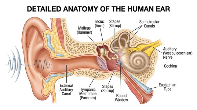 Detailed anatomy diagram of the human ear illustrating outer, middle and inner structures including pinna, ear canal, eardrum, ossicles, semicircular canals, cochlea and auditory nerve, ideal for medi