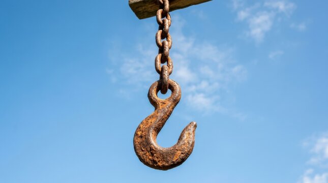 An old rusty hook and chain hanging against a clear blue sky, rough corrosion and strong outdoor light creating rugged contrast, ultra-realistic, no logos.