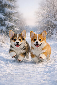 Joyful corgi dogs frolicking outdoors during winter.