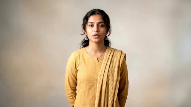 A smiling young Indian female student wearing a yellow salwar kameez stands against a neutral studio backdrop and talking.