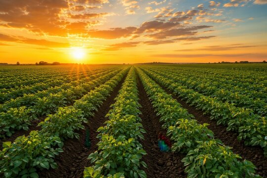 Sunrise fills the sky with light as green potato rows stretch across the field. The horizon shows a blend of colors, marking the start of a new day in the countryside.