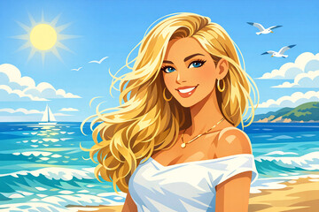 Naklejka premium A serene beach scene featuring a woman with long blonde hair, basking in the sunshine and gazing towards the ocean with a relaxed expression.