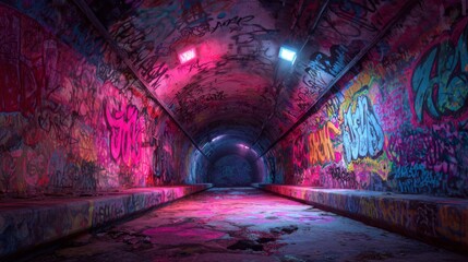 Fototapeta premium Chaotic Neon Graffiti Art in a Tunnel Covered with Colorful Tags and Unique Designs
