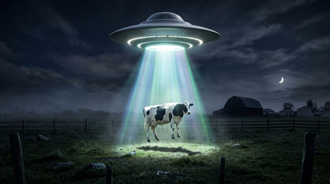Alien spaceship abducting cow in a dark rural landscape at night  