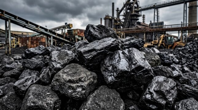A raw coal heap in close-up with glossy black surfaces, dusty texture and sharp carbonized edges, moody industrial backdrop and dense mineral detail, ultra-realistic, no logos.