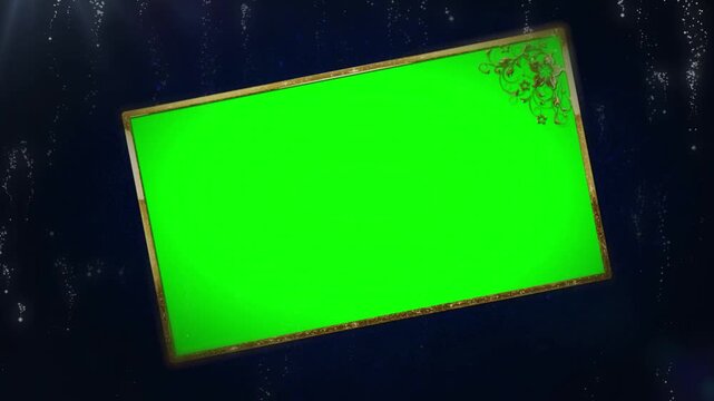 Green screen with gold border on dark background