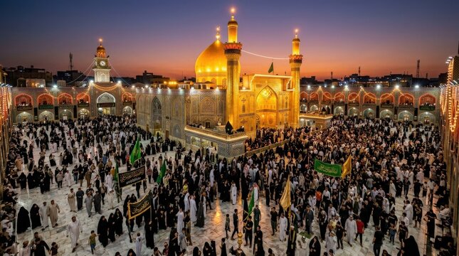 The Shrine of Imam Ali in Najaf during a seasonal festival, glowing domes, gathered visitors, and ornate architecture shining at dusk, reverent celebratory atmosphere with warm radiant light,