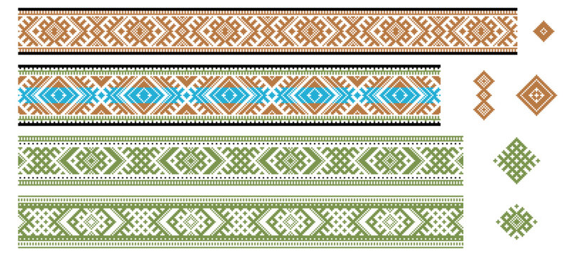 Vector set of traditional Lithuanian ornamental border bands with standalone diamond-shaped folk symbol logos. Flat minimalist style in palette of brown, green, light blue and black