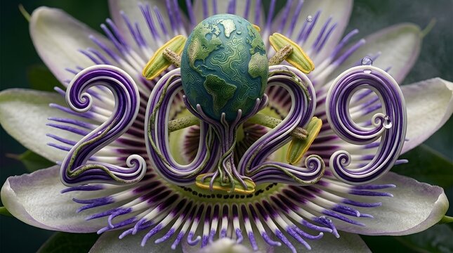 2029 new year concept with a stylized globe resting on a treelike structure nestled within a vibrant passion flower blossom
