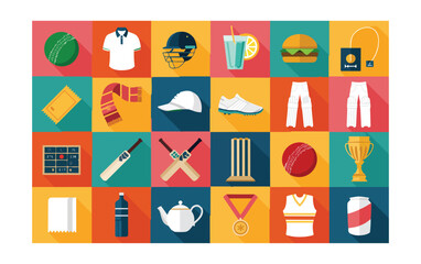 Fototapeta premium A vibrant collection of flat design cricket sport equipment and related items on colorful squares