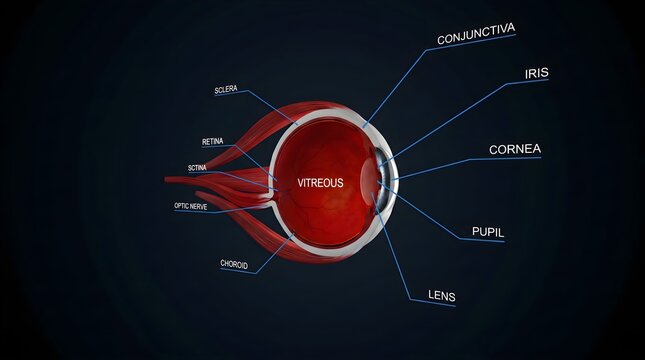 Dark themed 3D visualization of the human eye in cross‑section with vivid red vitreous cavity and labeled cornea, iris, pupil, lens, conjunctiva, sclera, retina, choroid and optic nerve, representing 