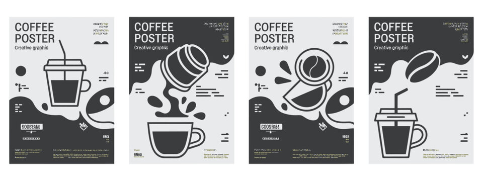 Coffee Concept Design Outline Poster Set Vector Illustration, Coffee Pot, Paper Cup with Lid, Plastic Beaker and Flowing Coffee Abstract Templates for Cafe Branding