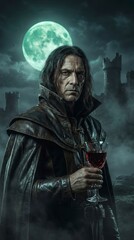 Obraz premium A mysterious, dark-cloaked man holds a glass of red wine under a glowing full moon with ancient stone towers looming in a foggy night.