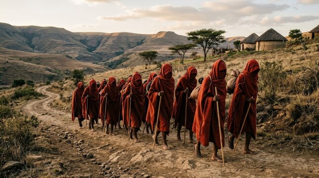 Xhosa initiates returning from initiation school, wrapped in traditional garments and walking together in a solemn outdoor scene, respectful cultural atmosphere with natural light, ultra-realistic, no