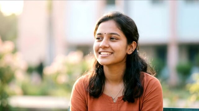A smiling young Indian female student wearing an orange top sits outdoors and talking on a green bench on a college campus.