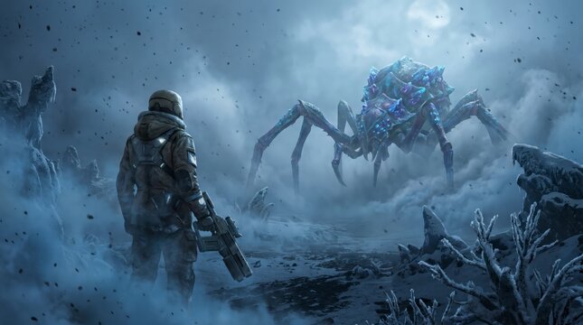 A lone soldier in a snowy, foggy landscape faces a large, glowing, robotic spider-like creature in a tense, futuristic battle scene.