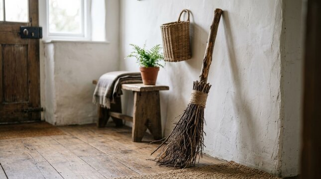 A handmade twig broom leaning in a simple home setting, rough natural fibers and wood texture emphasized by soft daylight, humble practical atmosphere, ultra-realistic, no logos.