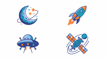 Cartoon vector set of space and transport icons featuring rockets, airplanes, UFOs, planets and flying vehicles © Fahlevi