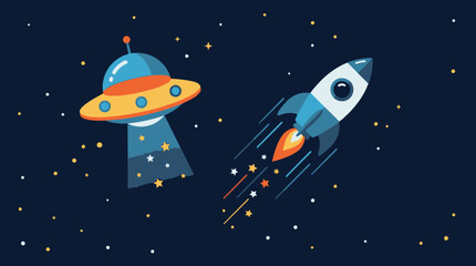 Cartoon rocket flying in space with stars, planets, moon and UFOs in a colorful space exploration illustration © Fahlevi