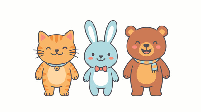 Cute cartoon animal character set with bear, dog, cat, lion and teddy bear vector illustration for children